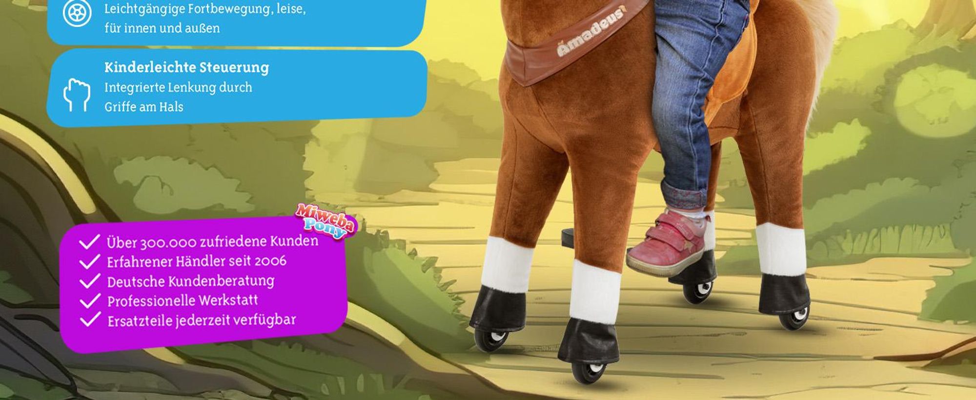Miweba Pony Amadeus | Spiel Pferd für Kinder  - Schaukelpferd - Stehpferd zum draufsitzen - Reitpferd - Indoor & Outdoor - Rücklaufbremse - 4-8 Jahre