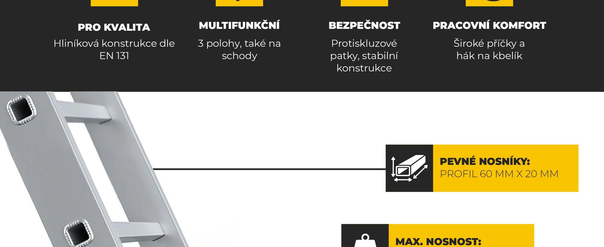 DRABEST | Žebřík, řada PRO, hliníkový víceúčelový žebřík, 3dílný průmyslový žebřík, 3 x 6 schodů, nosnost do 150 kg, pracovní výška 4,43 m, vč. háku n