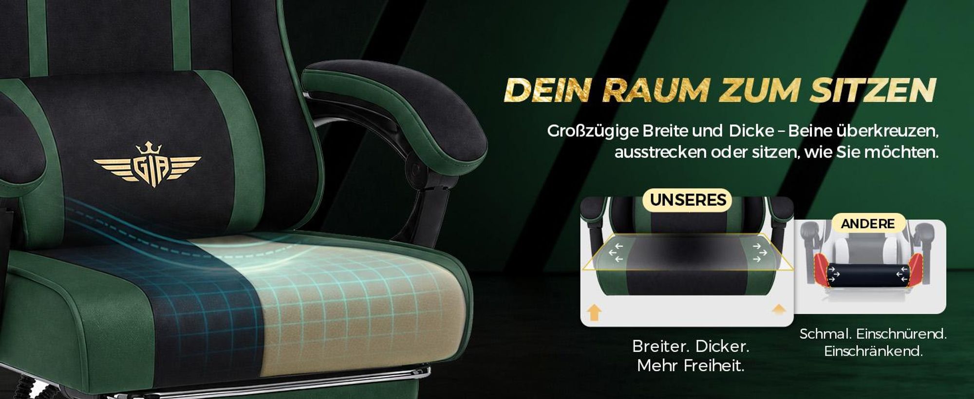 GTPLAYER Gaming Stuhl Ergonomischer Gaming Sessel Schreibtischstuhl mit Stoffoberfläche, Federsitzkissen, Verbindungsarmlehnen und Fußstütze 150KG, gr