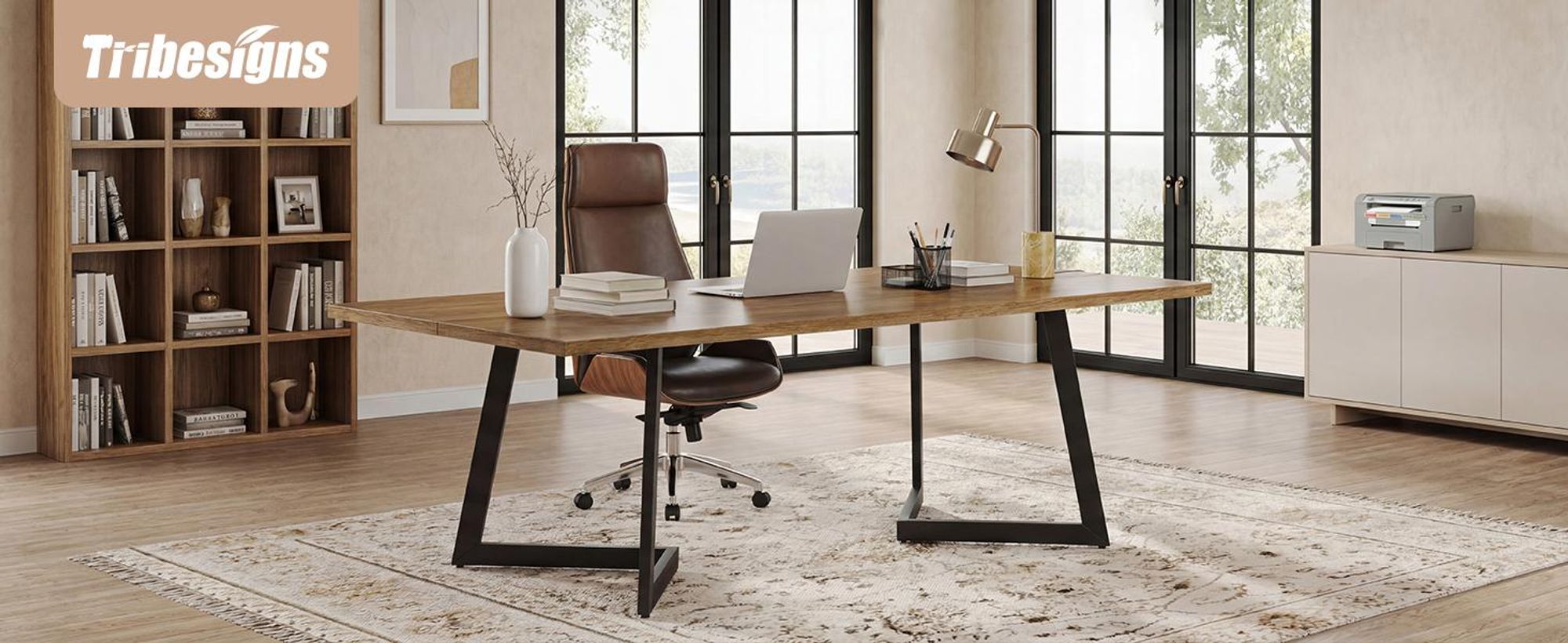 Tribesigns Schreibtisch im Industriestil, schlichter, moderner Computertisch für das Homeoffice mit robusten, V-förmigen Metallbeinen, Braun + Schwarz