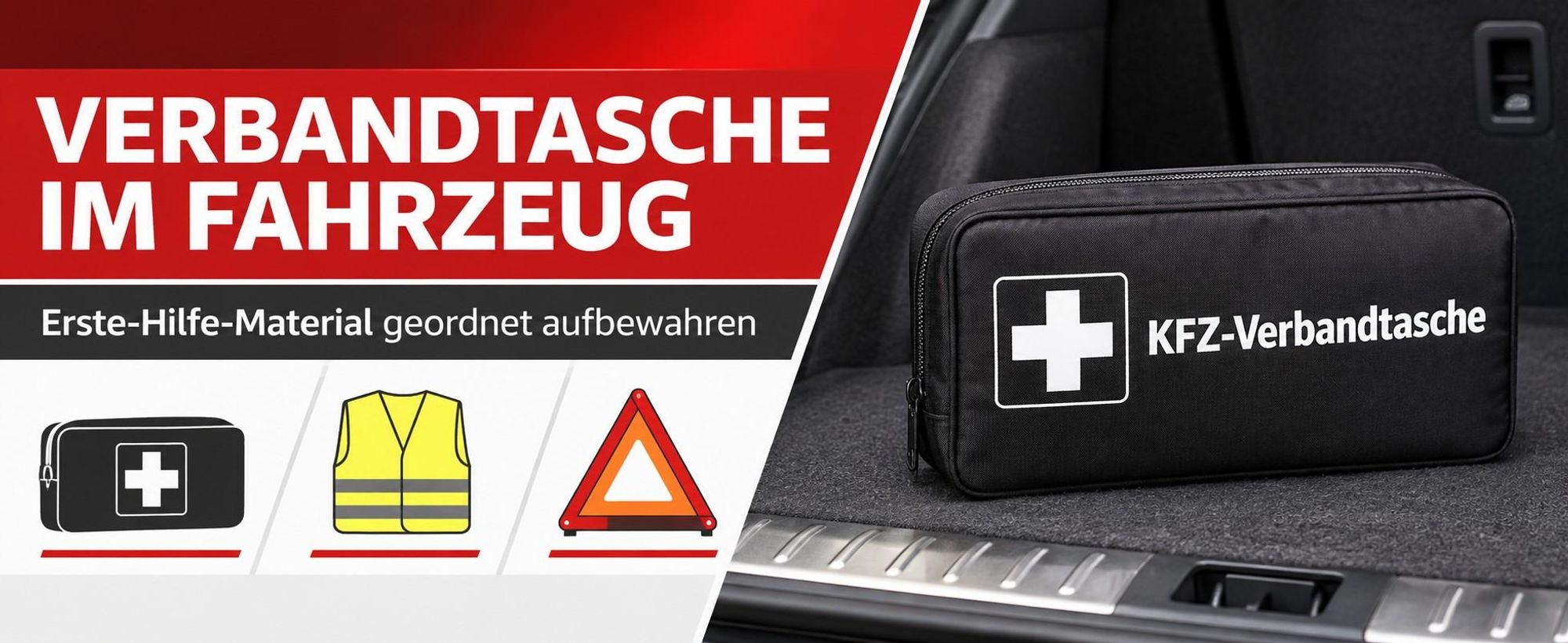 Schwarze Verbandstasche im Fahrzeug mit Symbolen für Verbandstasche, Warnweste und Warndreieck