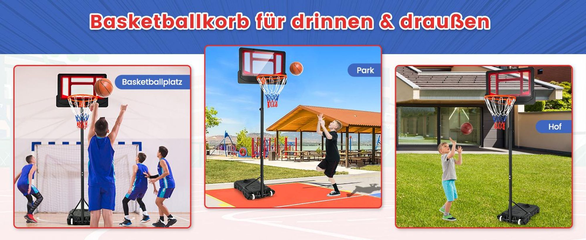 COSTWAY Basketballkorb mit Ständer 90-210 cm höhenverstellbar, Basketballständer mit 2 Rädern, Korbanlage für Kinder, Erwachsene, wetterbeständig Outdoor