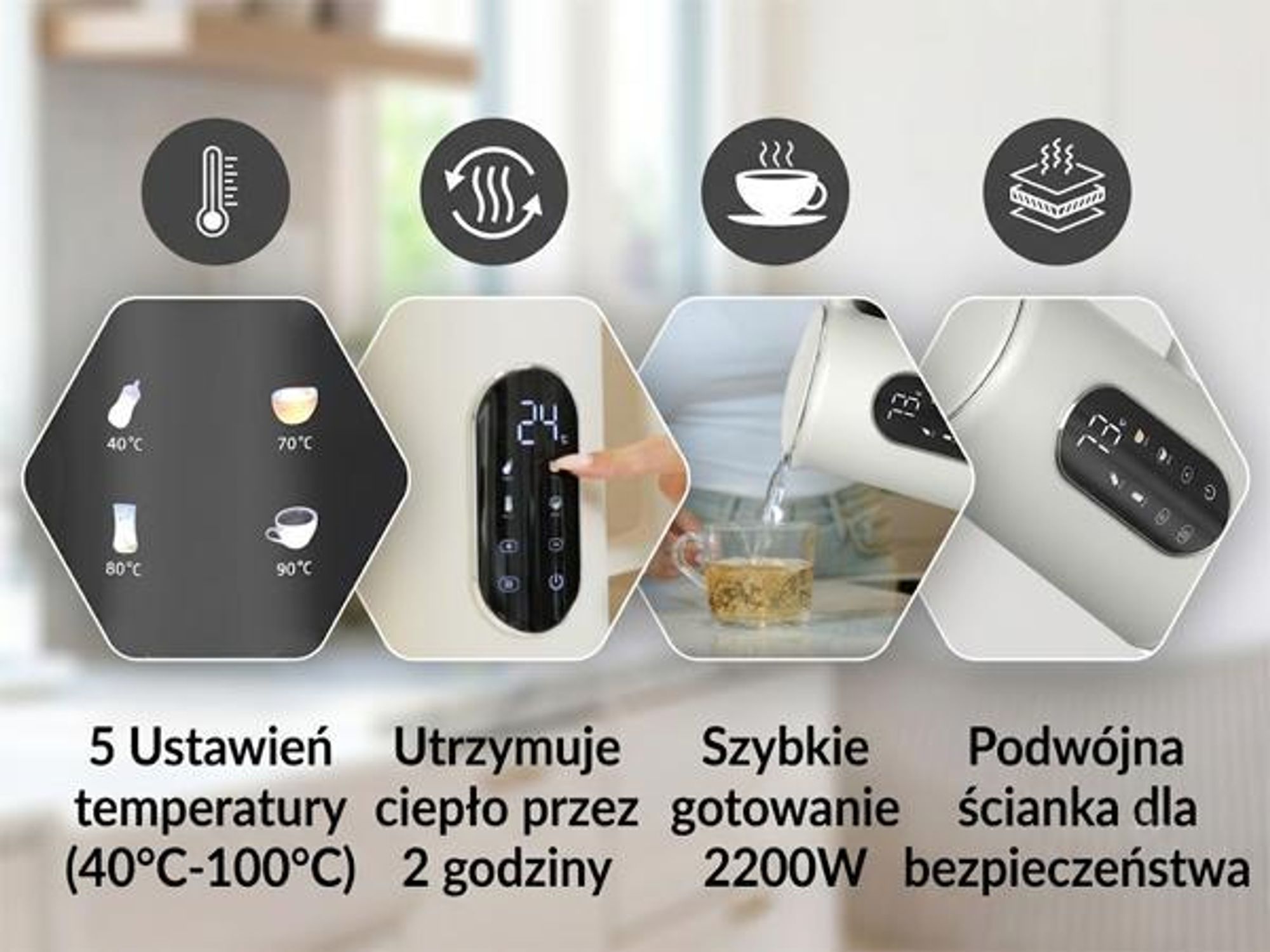 Czajnik elektryczny Olvy w kolorze kremowym, pojemność 1,7 l – wyświetlacz LCD, moc 2200 W, bez BPA, funkcja utrzymywania ciepła, filtr przeciwkamienny, regulacja temperatury w zakresie 40–100°C, stal nierdzewna