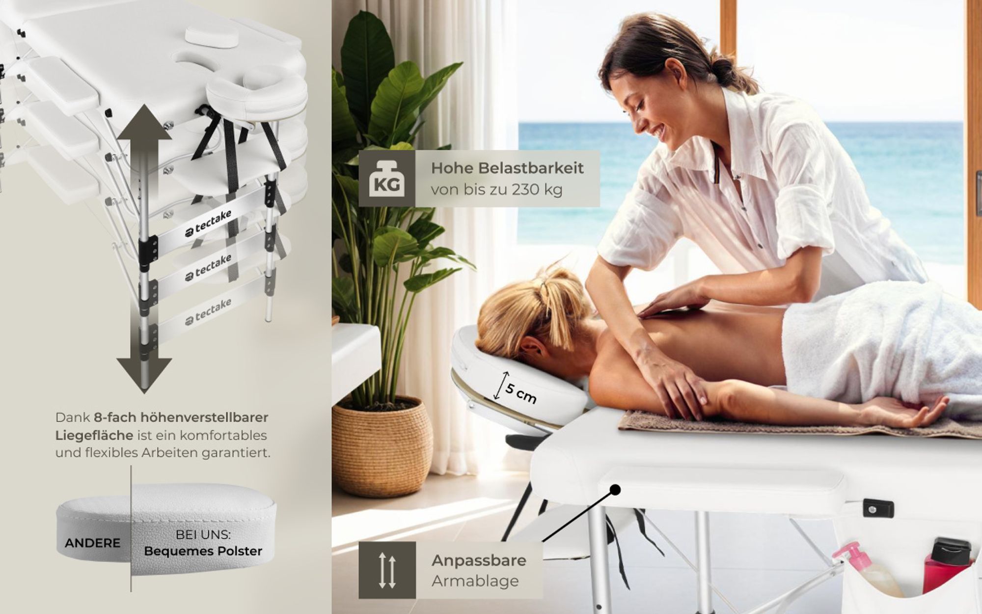 tectake® 3 Zonen Massageliege Phuket Breite 70 cm, Polsterung 5 cm 212 x 103 x 90 cm