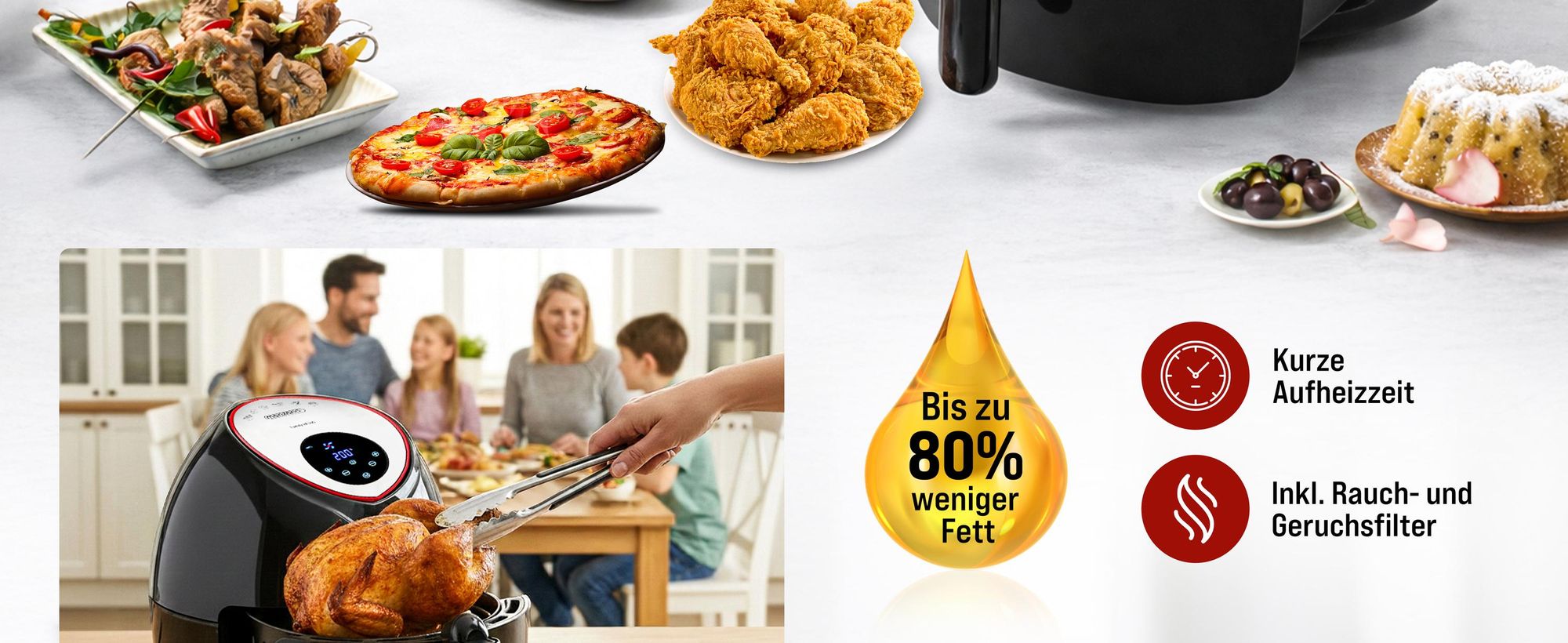MONZANA Heißluftfritteuse 6,5L XXL 9in1 fettarm digitales LED Touch-Display Timer & Temperatur 80–200 °C Rezeptheft Heißluftofen Fritteuse schwarz