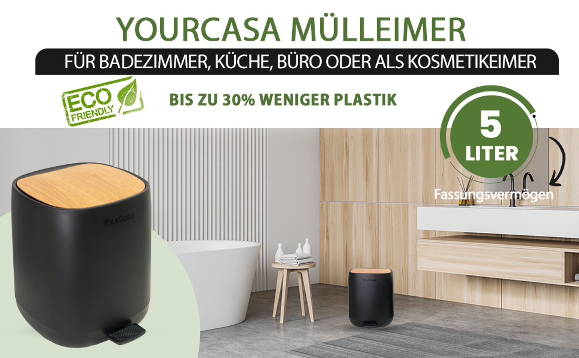 YourCasa Mülleimer Bad [5L] - Badmülleimer - Badezimmer Mülleimer Klein - Kosmetikeimer Bad Mülleimer mit Deckel und Softclose – Abfalleimer Bad