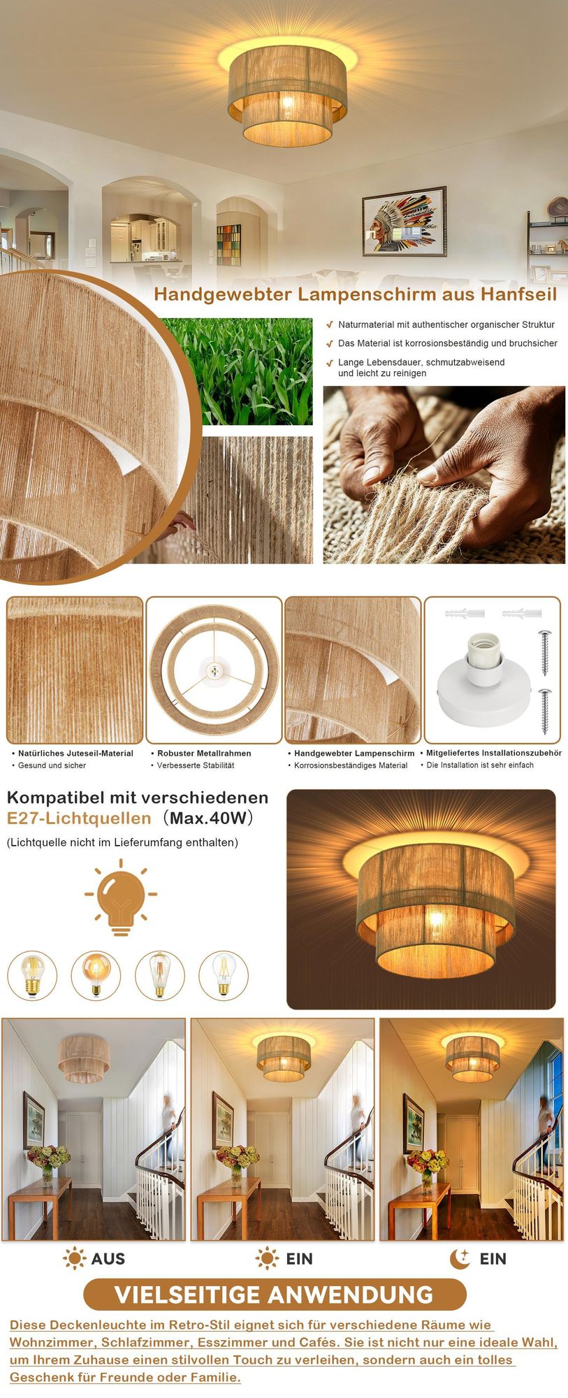 ZMH Stropní svítidlo Boho Stropní lampa Ložnice Ø40cm Vintage ložnicová lampa Kuchyňská lampa E27 objímka pro obývací pokoj, kuchyň, chodbu (bez žárovky)