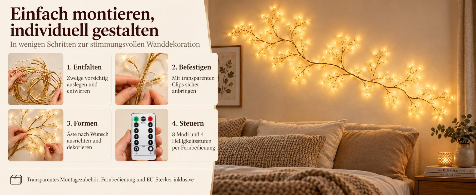 Goldfarbene LED Lichterzweige, 2,3 m mit formbaren Ästen sowie 8 Lichtmodi und 6-Stunden-Timer für wechselnde Raumdekorationen