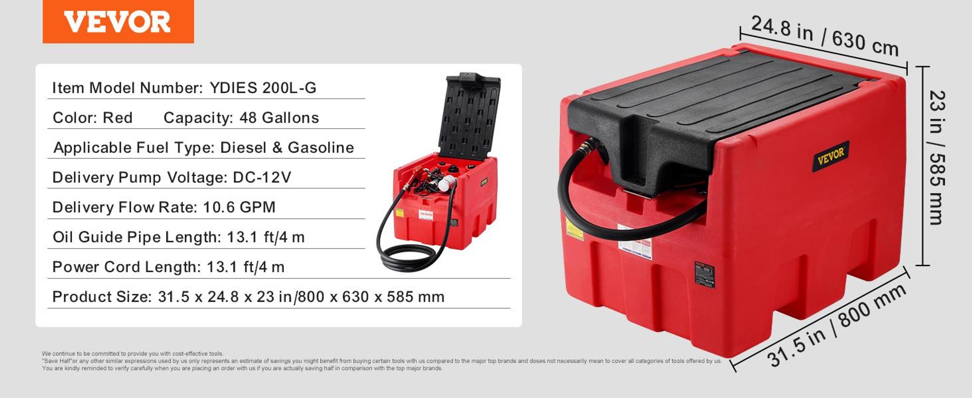 VEVOR Tragbarer Dieseltank 181,7 L mit 12V Elektropumpe, Diesel & Benzin