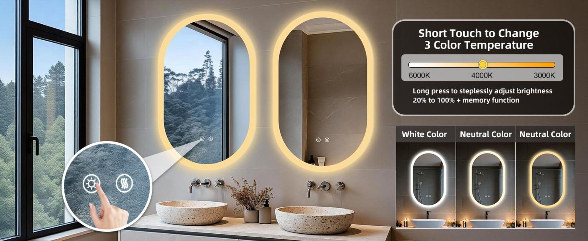 WISFOR LED Badspiegel Oval 50x80cm, Ovaler Wandspiegel mit Beleuchtung, Anti-Beschlag, 3 Lichtfarben, Dimmbar