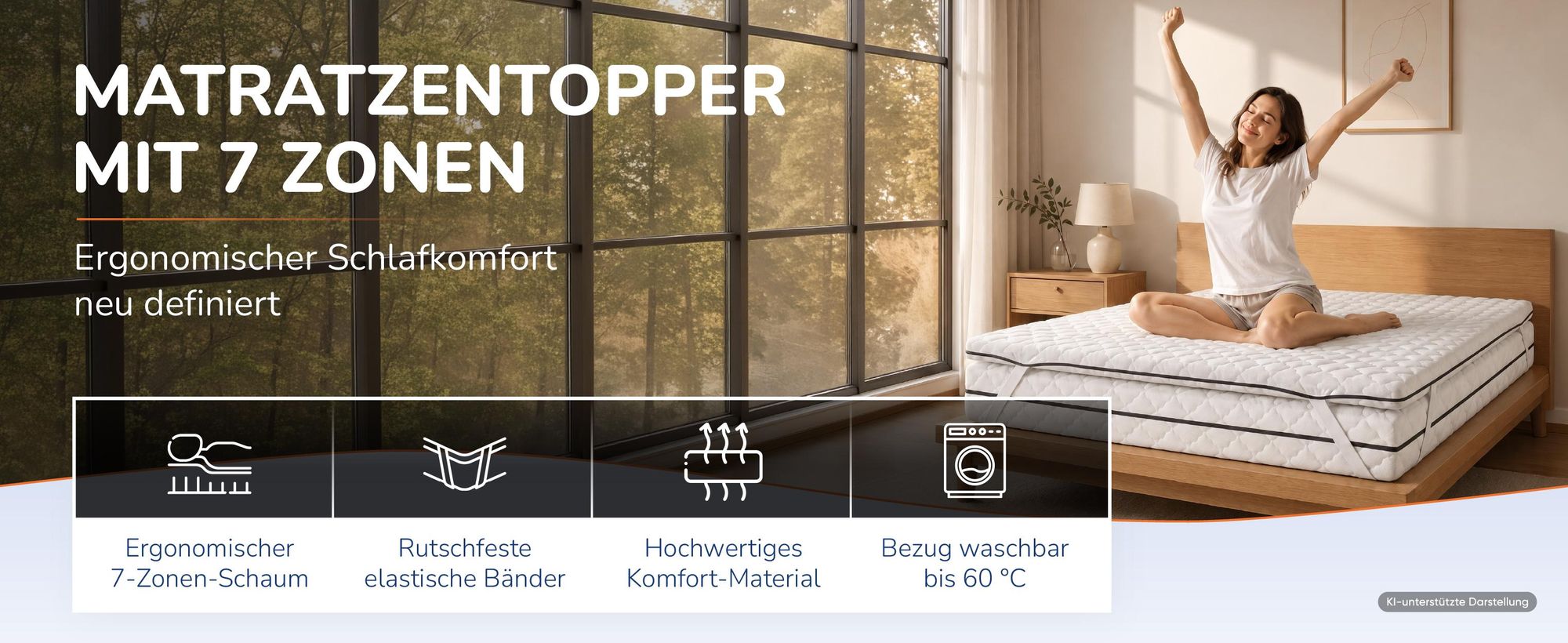 Titelbanner: Matratzentopper mit 7 Zonen, Bezug waschbar bis 60 Grad
