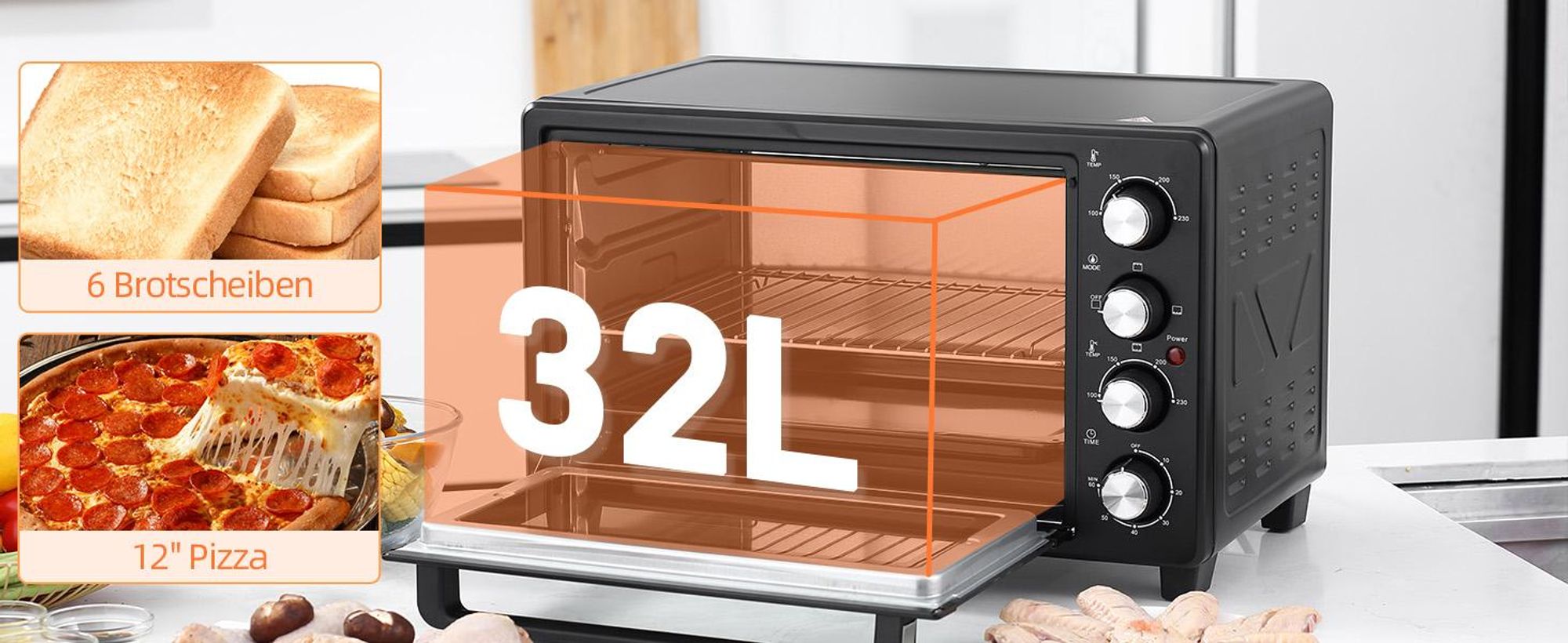 HOMCOM Mini Backofen 32L Mini Ofen mit Grillrost, Backblech, 3 Kochmodi Schwarz