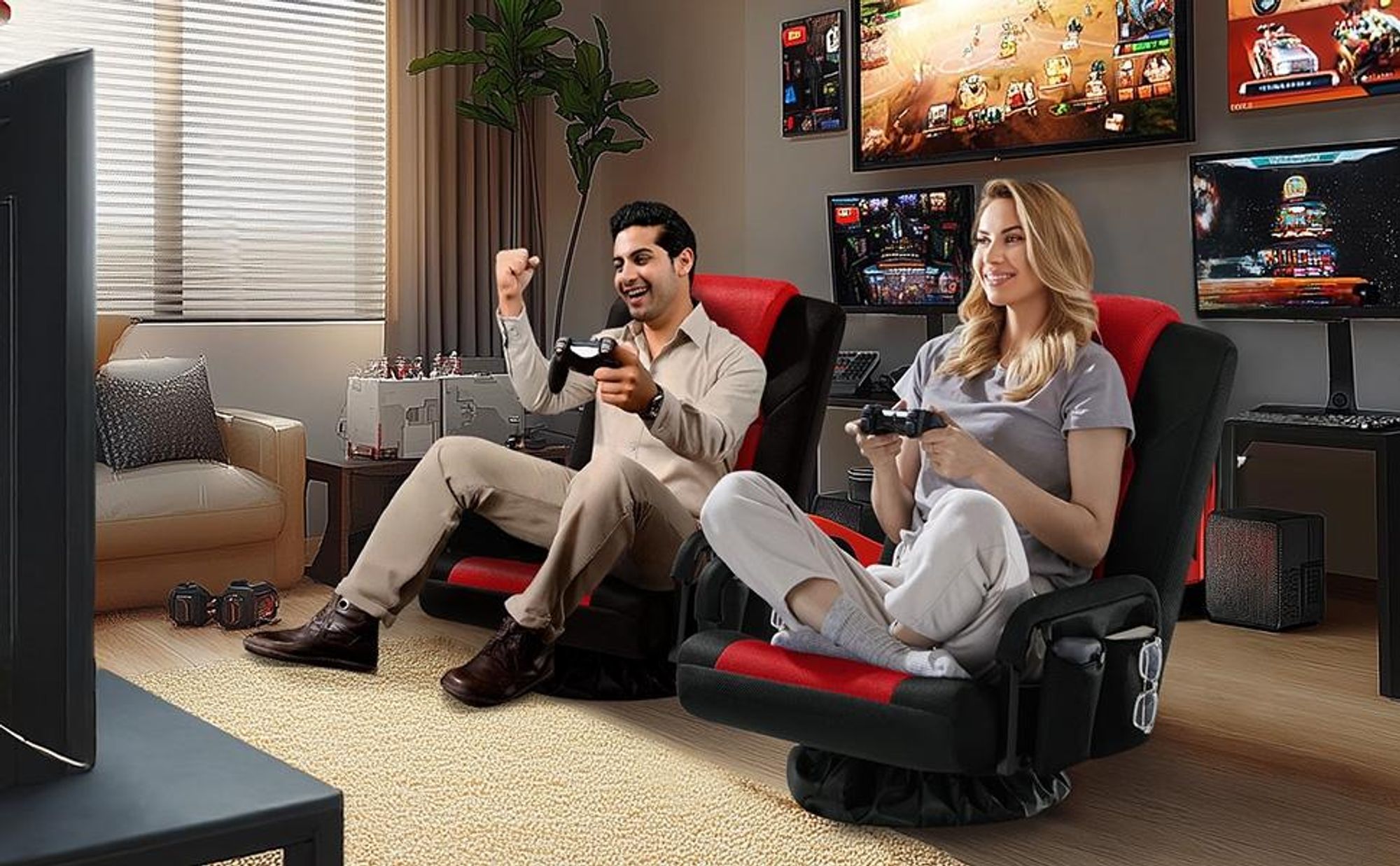 Yaheetech Bodenstuhl drehbarer Gaming-Stuhl mit verstellbarer Rückenlehne, klappbarer Bodensessel, Schwarz-Rot