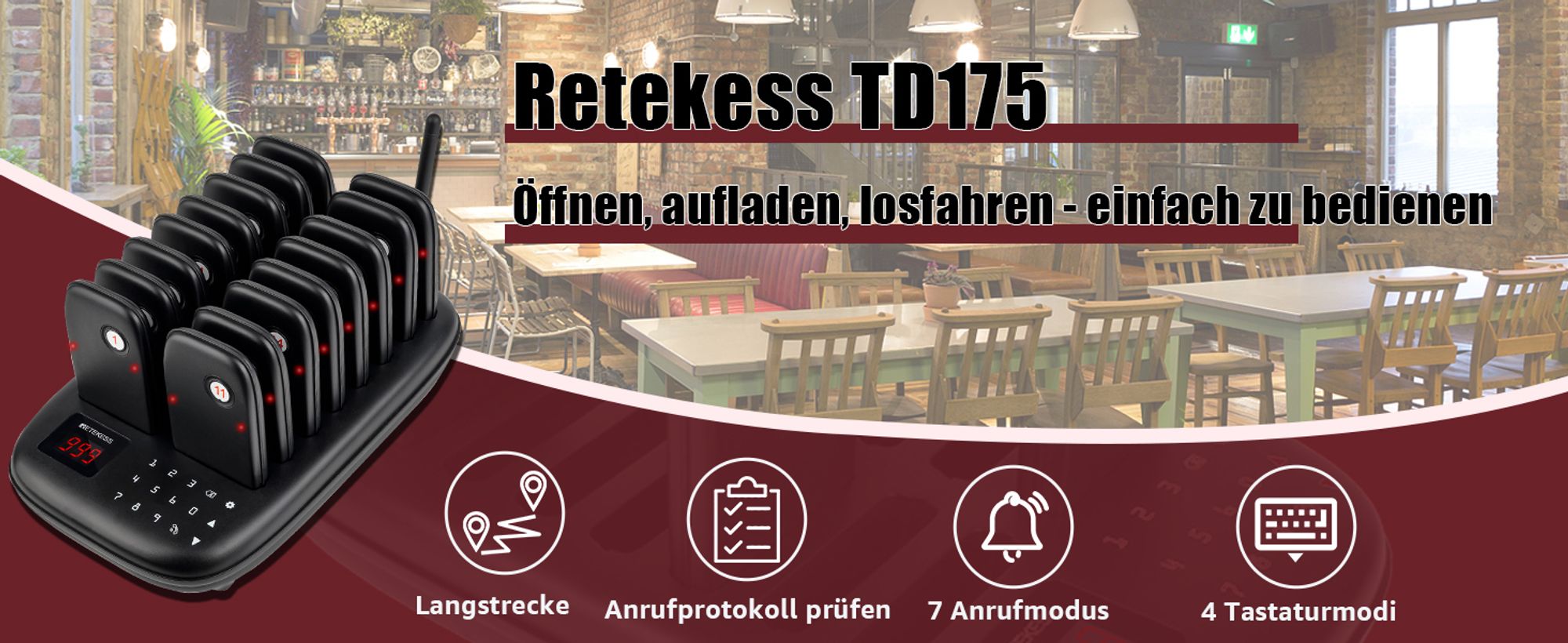 Retekess TD175 Drahtloses Pager-System, Restaurant Pager System, 800M, Vibration, Sofort Einsatzbereit Ohne Pairing, 7 Anrufmodi, für Speisewagen Bar