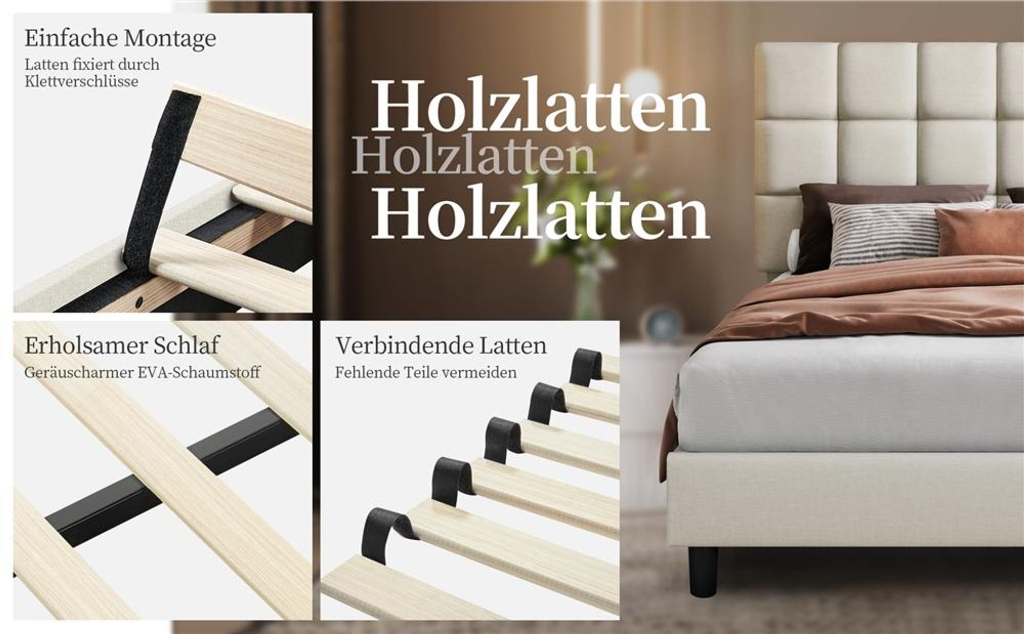 Yaheetech Polsterbett Doppelbett 140x200cm, Bettgestell mit höhenverstellbarem Kopfteil, Bettrahmen mit Lattenrost, Beige