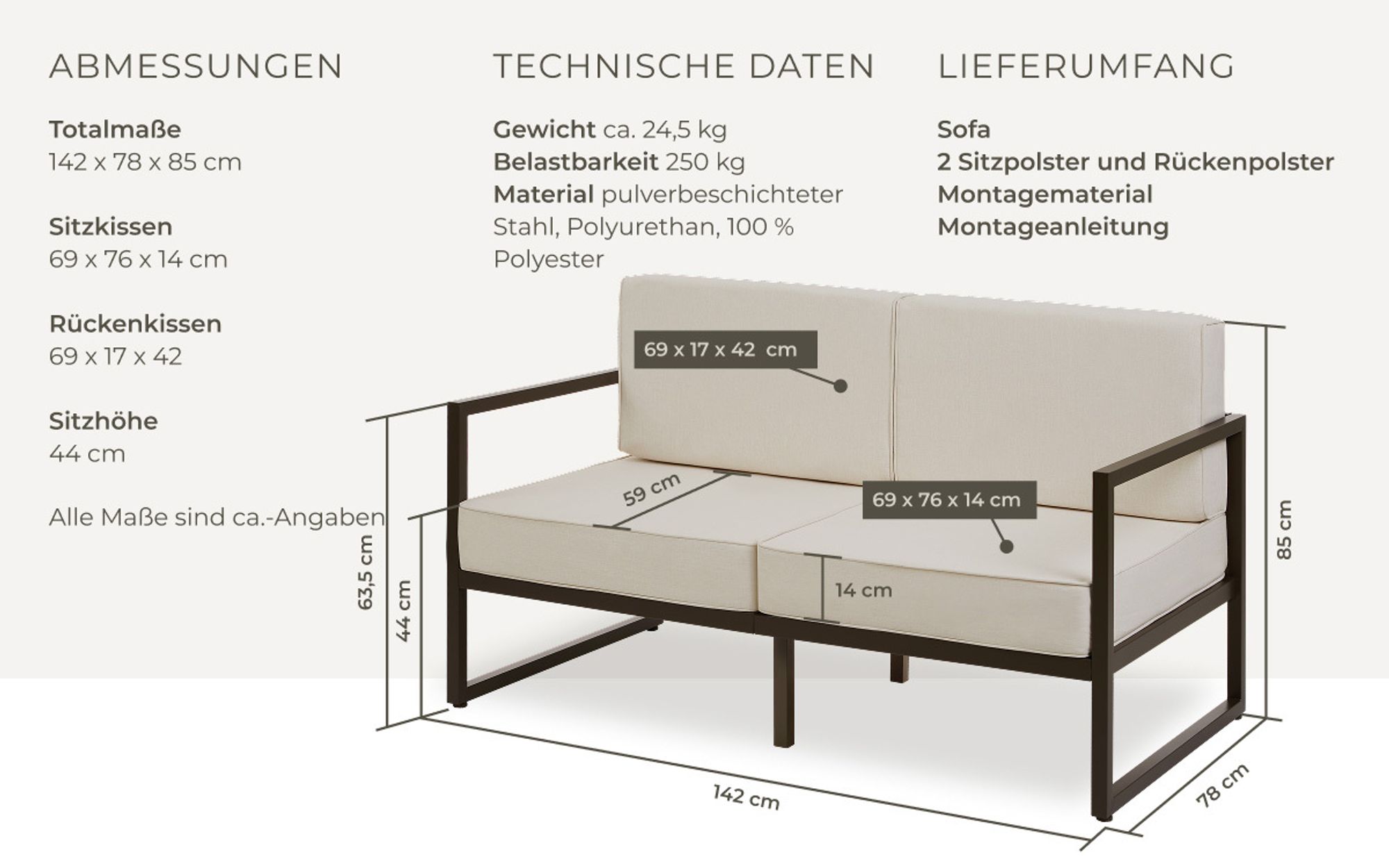 tectake® Garten-Loungesofa Comosa, 2-Sitzer, ultradicke Polsterung
