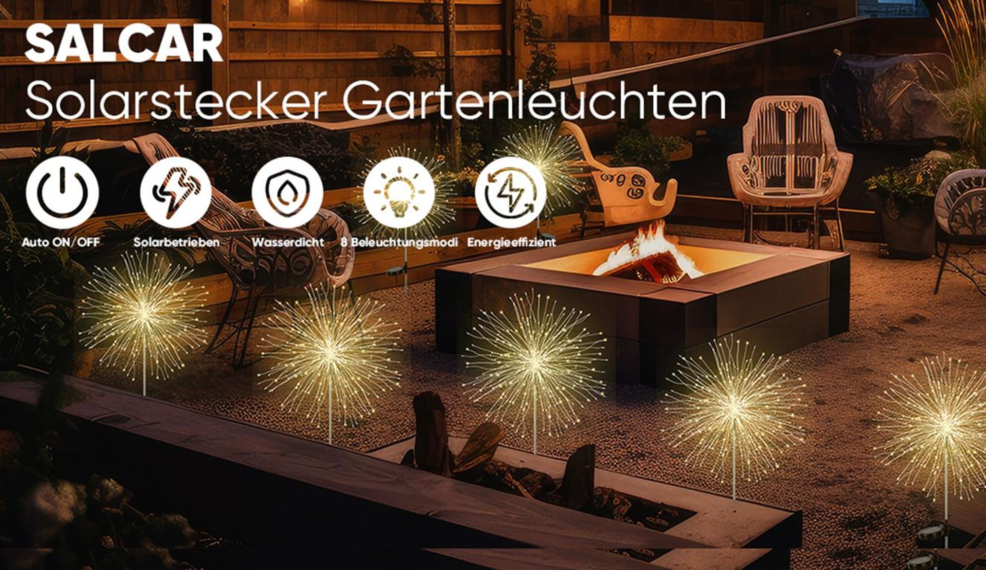 Salcar 2er Set Solarleuchten Garten LED Gartenleuchten Solar Feuerwerk Warmweiß, 8 Modi Solarlampen für außen Pusteblume mit Erdspieß