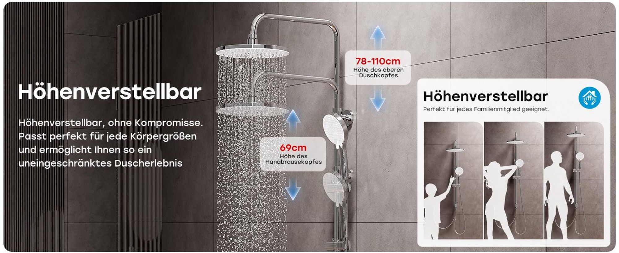HOROW Duschset, 5 Modi Strahlarten Duschkopf, Regendusche Set Chrom mit Messing Ventilkern, Höhenverstellbar, große 25 cm Kopfbrause Rund