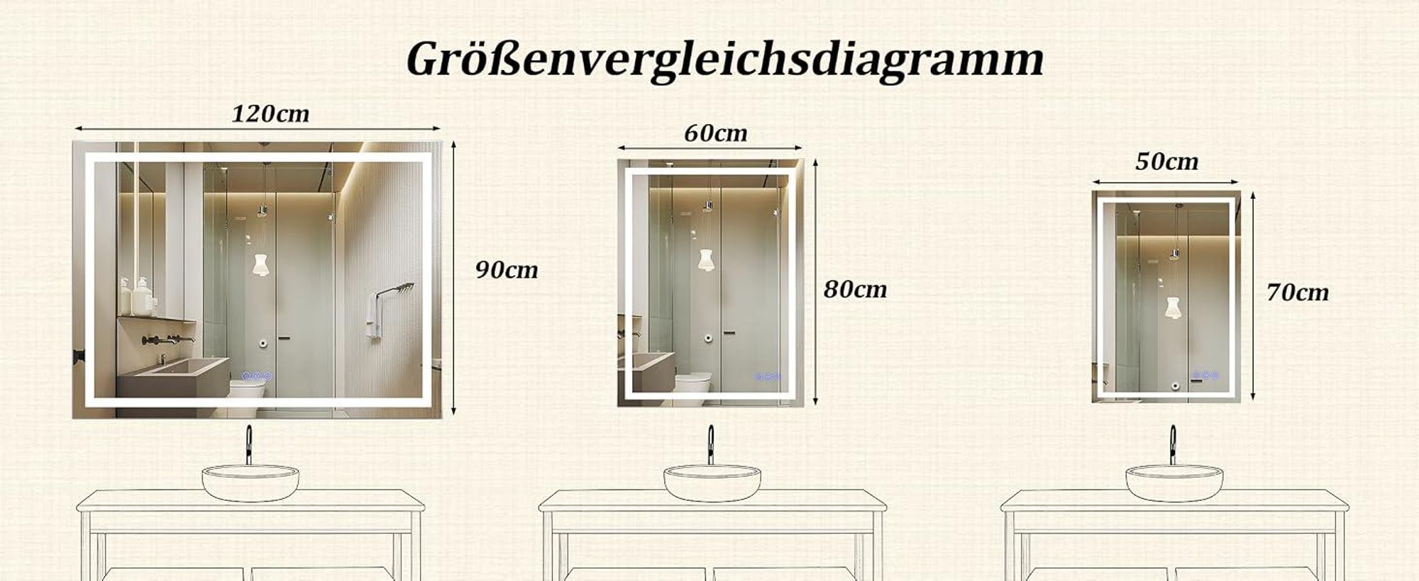 Koonmi 80x60cm LED Badezimmerspiegel - 3 Einstellbare Beleuchtungsmodi, Beleuchteter intelligenter Badezimmer Spiegel , wandmontiert horizontal