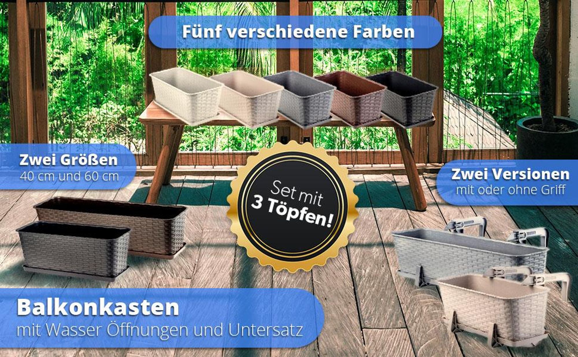 KADAX Blumentopf "Castro", Topf mit Griffen, 60cm, Graphit, 3 Stück