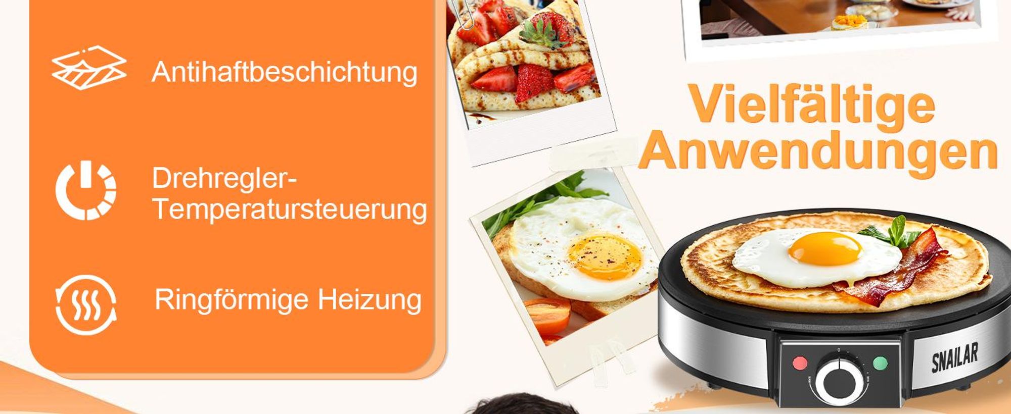 SNAILAR Crêpe-Maker AN-110, 1200 W, 30 cm Antihaftplatte, Schwarz