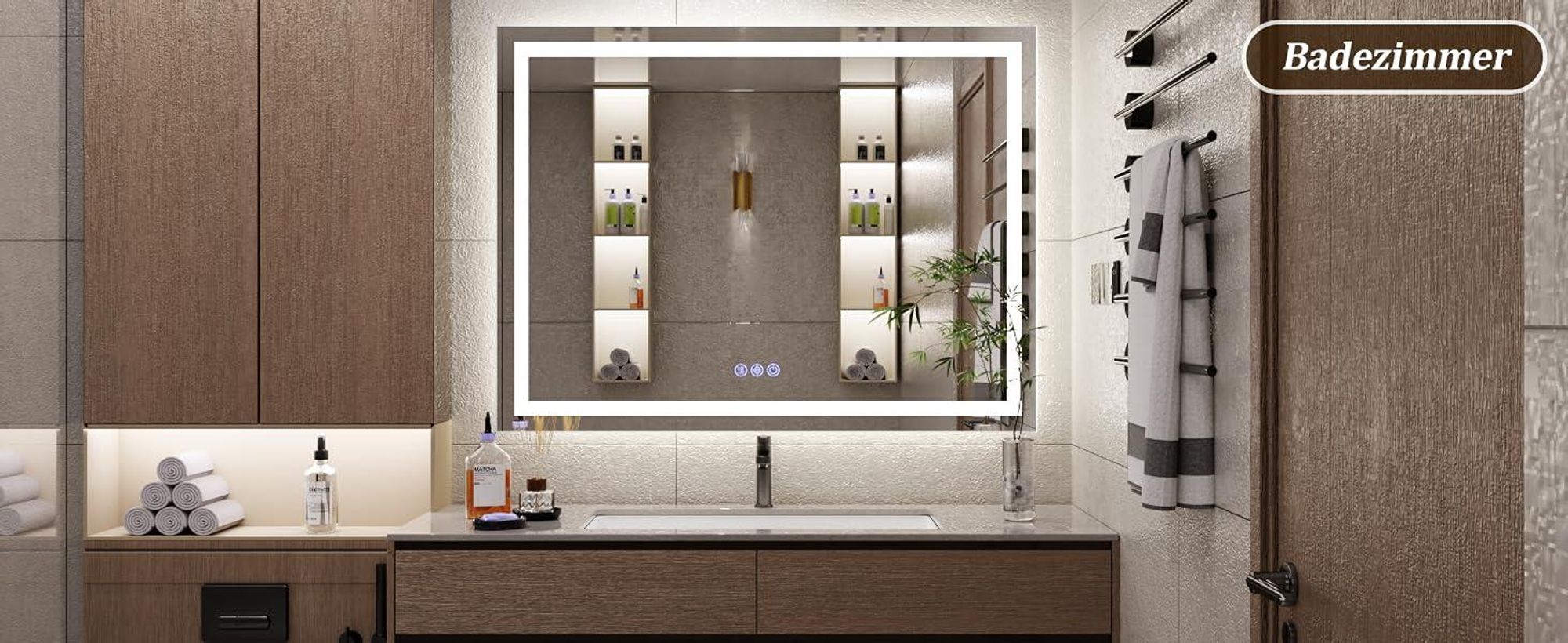 Koonmi 80x60cm LED Badezimmerspiegel - 3 Einstellbare Beleuchtungsmodi, Beleuchteter intelligenter Badezimmer Spiegel , wandmontiert horizontal