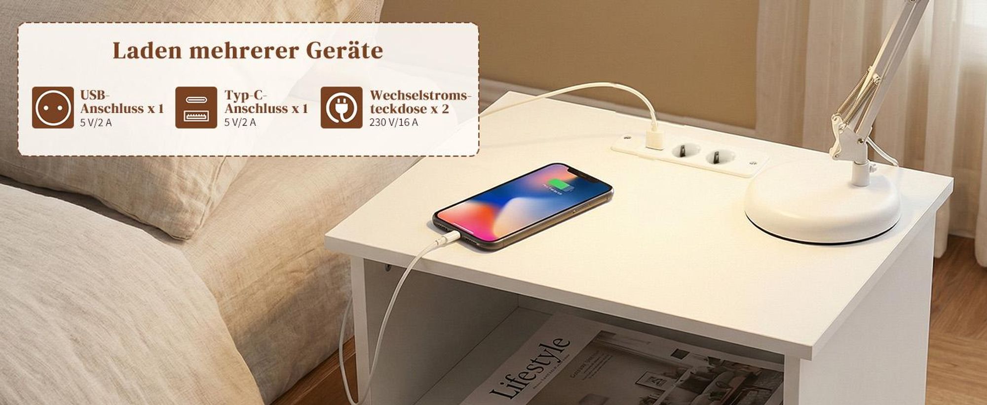 FCH Nachttisch 2er Set, Nachttische mit Ladestation mit offenem Fach, 2 Schubladen, 40 x 30 x 60 cm, Weiß