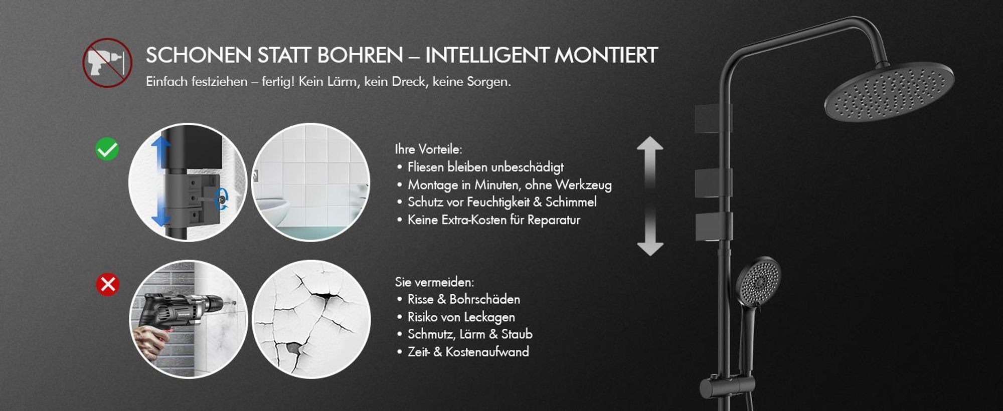 Homelody Duschsystem,Regendusche Duschset ohne Armatur,Überkopfbrause Handbrause Duschsäule mit Umsteller,Edelstahl, 4 Wassersprühfunktionen Schwarz