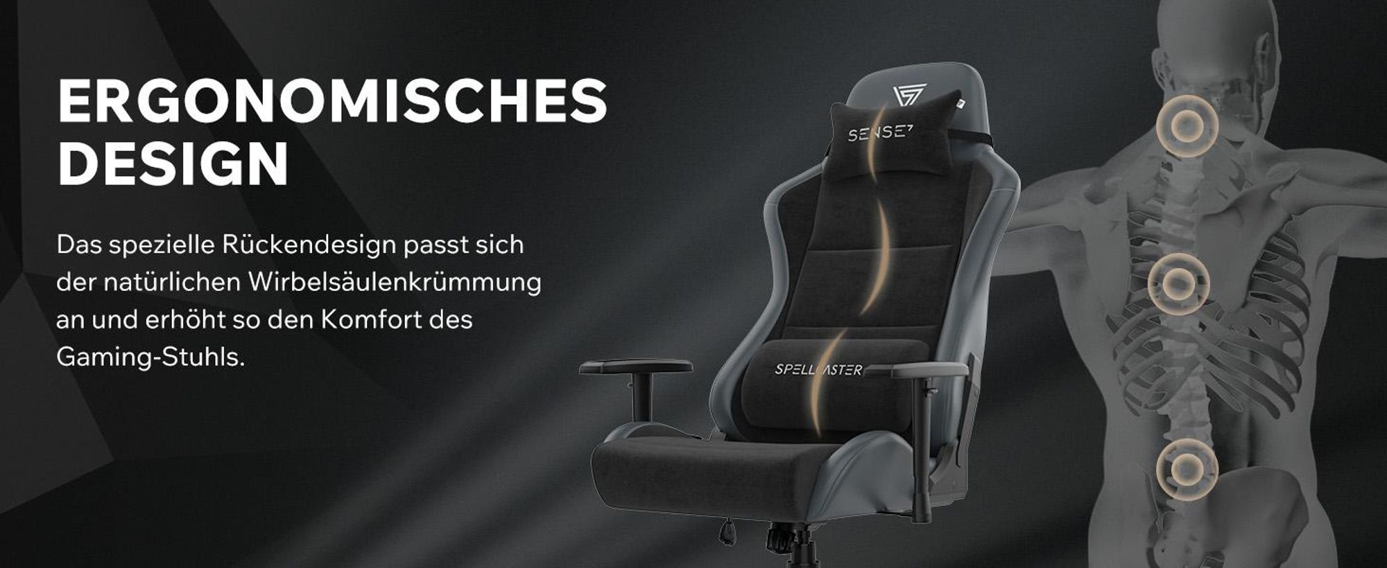SENSE7 Spellcaster FUKU XL Gaming Stuhl Alcantara Schwarz - Ergonomischer Bürostuhl für große Personen 160kg Kaltschaum Chefsessel Breite Sitzfläche
