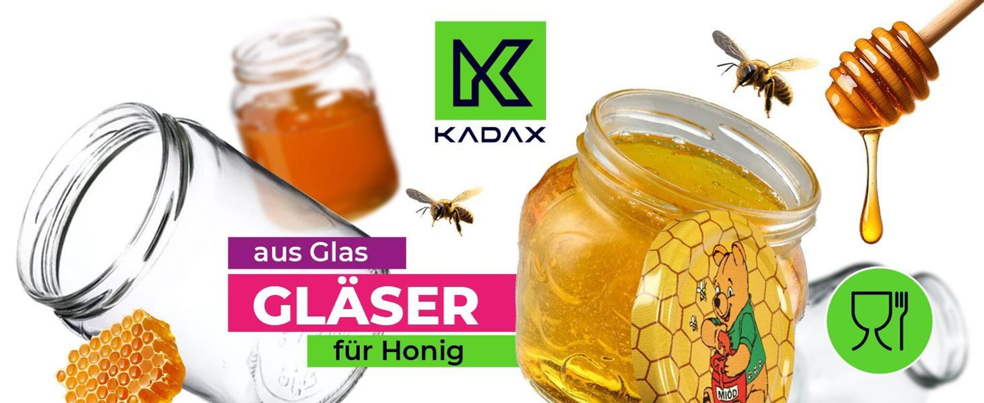 KADAX Einmachgläser mit Deckel "Raja", Einmachgläser, 300ml, 50 Stück, Deckel mit Bienenmuster