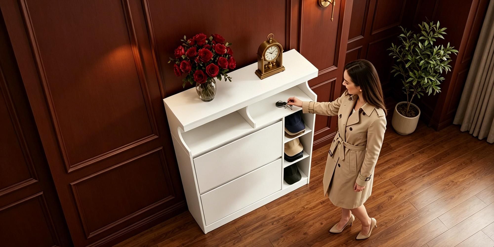 Schuhschrank mit 2 Klappen, 3 Ablagefächer, 2 Geschossig Offen | Schmal Schuhschrank, Trennwand Verstellbar, Platzsparend, 12–15 Paar, für Flur