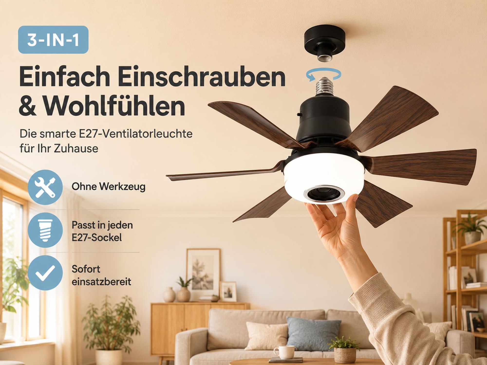 52CM LED Deckenventilator mit Beleuchtung E27 RGB Musik Lüfter mit APP Fernbedienung 40W Brushless Motor leise 6 Höhen & Neigbarer Kopf