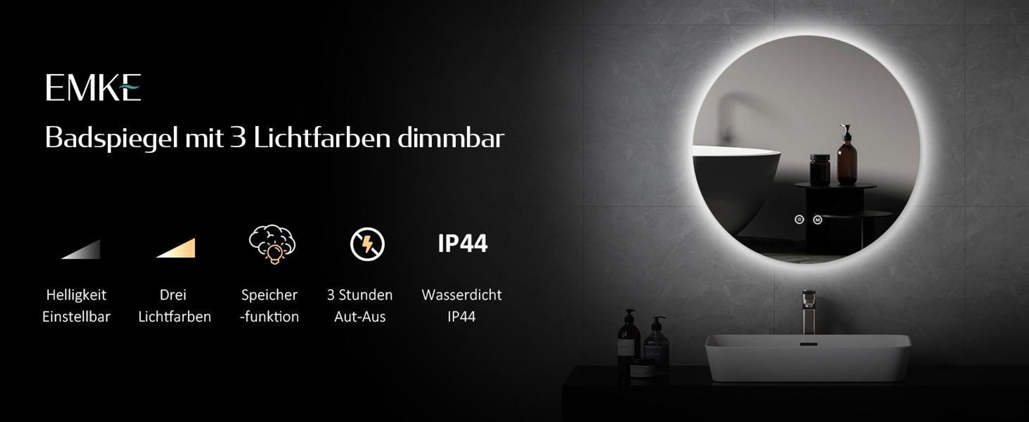 EMKE LED Badspiegel 50 cm Rund Spiegel Badezimmerspiegel mit Beleuchtung 3 Lichtfarbe 3000-6500K Kaltweiß Neutral Warmweiß Dimmbar Lichtspiegel