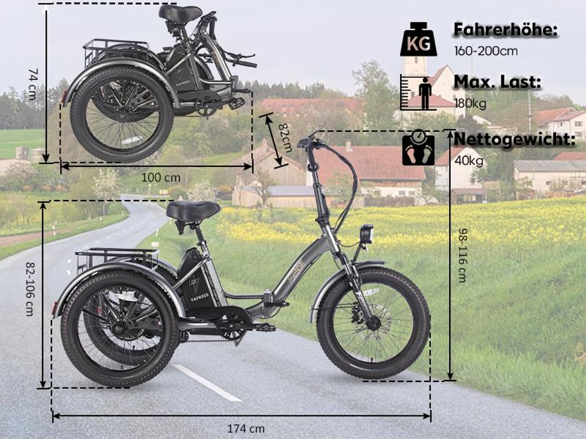 2026 Fat Klapprad E-Bike Lastenfahrrad 20 Zoll 48V 21Ah Akku, Hydraulische Scheibenbremsen Elektrofahrrad, Elektro Lastenfahrrad 180kg, E Bike Dreirad