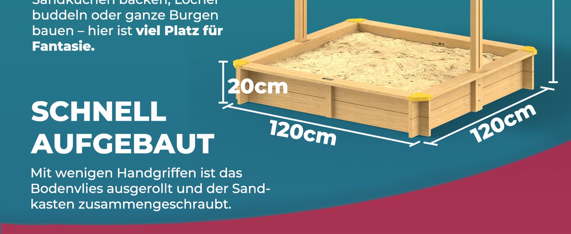 SPIELWERK® Sandkasten Samu Sonnendach 120x120cm naturbelassenes Holz Füllstand Skala UV 50 Kantenschutz Bodenvlies Sandspielzeug Kinder Sandbox Sandkiste
