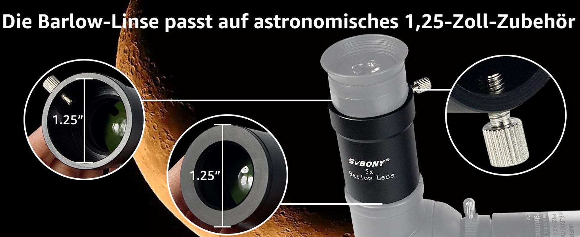 Svbony Barlowlinse 5X, 1,25 Zoll Metall Barlow Full Multi Coated Teleskop Okular Zubehör für Planetenbeobachtung und Astrofotografie