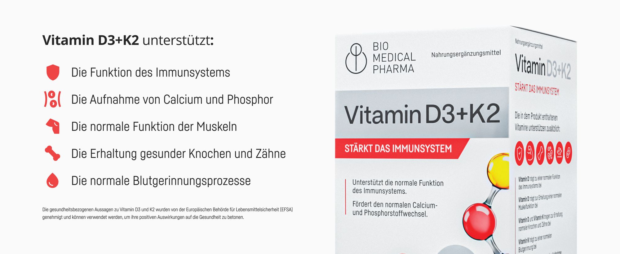 Vitamin D3 + K2 Produktübersicht mit Angaben zu Inhaltsstoffen und Verzehr