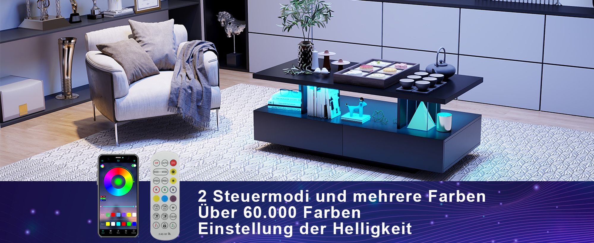 Puluomis Couchtisch mit Schublade, RGB Lichtleiste mit App Steuerung, Fernbedienung, Kaffeetisch Wohnzimmertisch Sofatisch für Wohnzimmer, schwarz