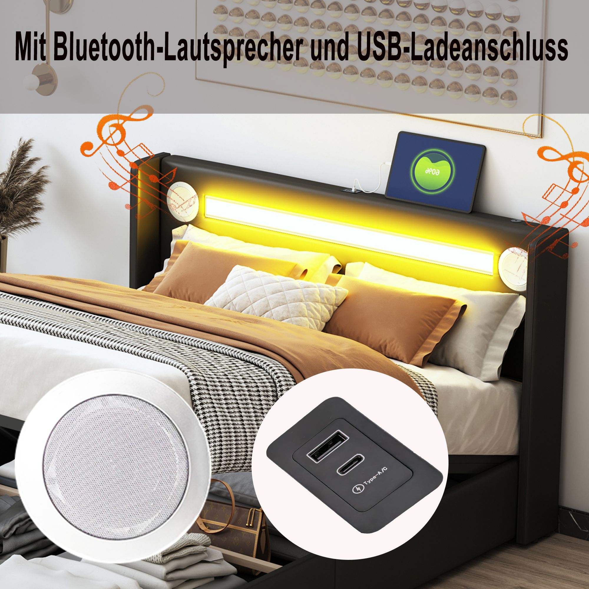 Merax Polsterbett 140x200cm mit Bettkasten und LED, hydraulisches Doppelbett mit Bluetooth und USB-Aufladen, Kunstleder Holzbett Stauraumbett, Schwarz