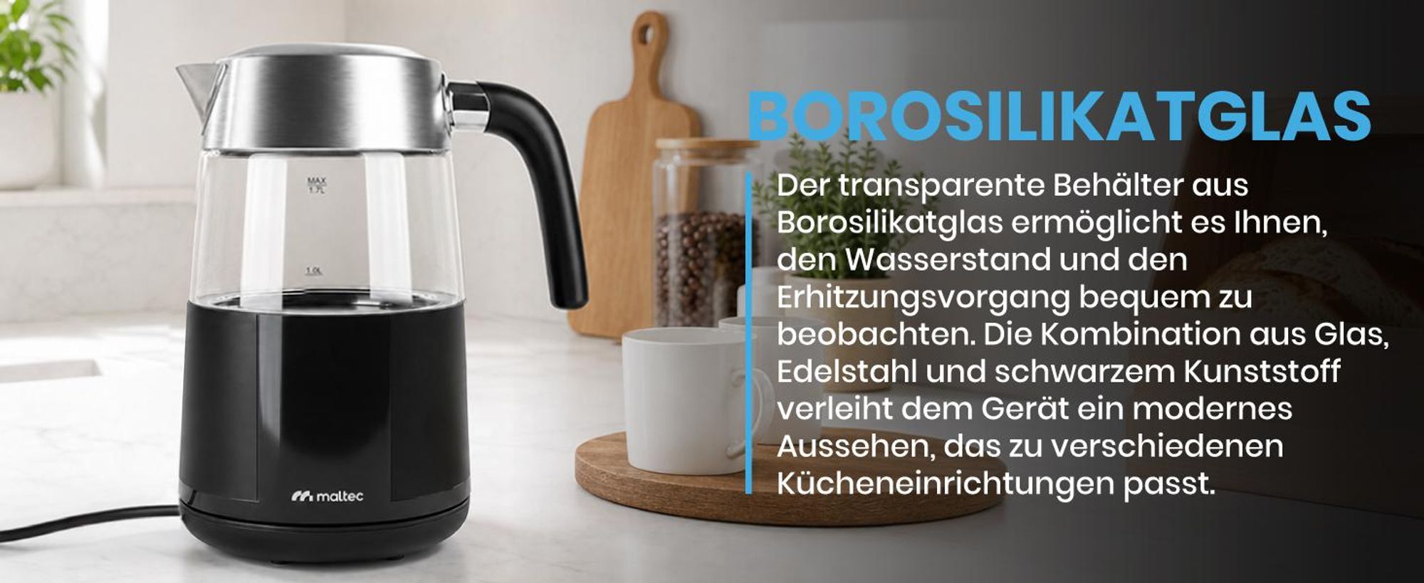 Schwarzer Wasserkocher mit Warmhaltefunktion Edelstahlfilter 1800ml und 2200W