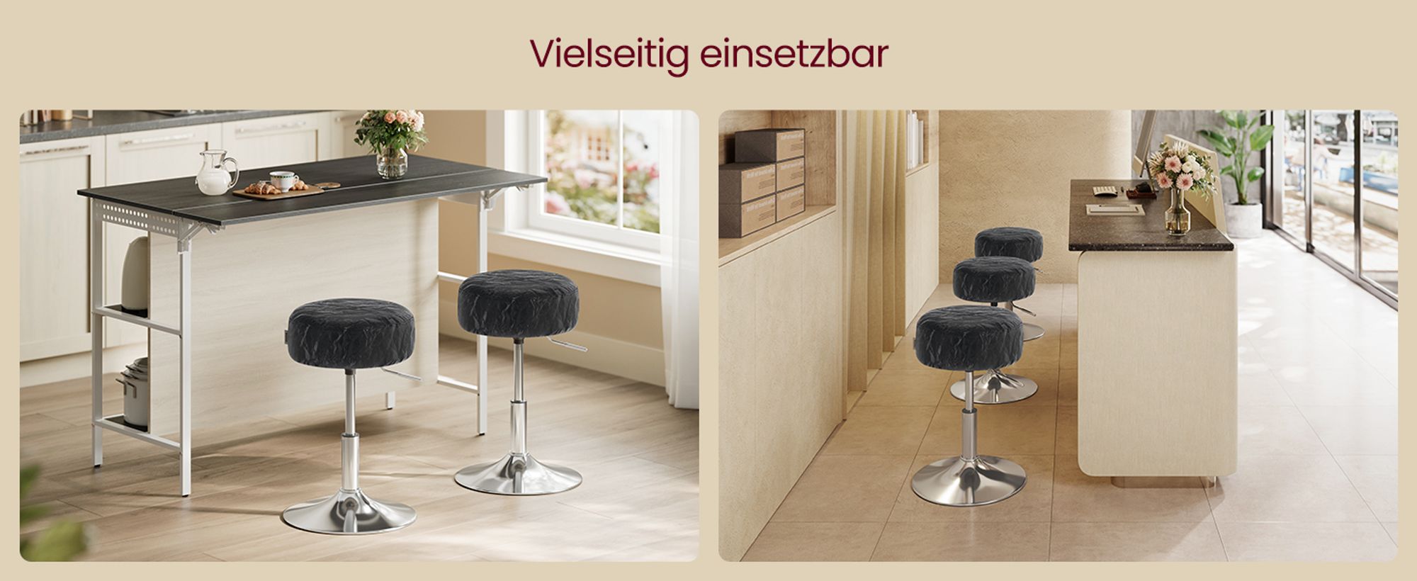 Schminkhocker, Schminkstuhl, Sitzhocker, höhenverstellbar, 360° drehbar, PU, dicke Polsterung, für Schlafzimmer, Küche, Esszimmer, tintenschwarz