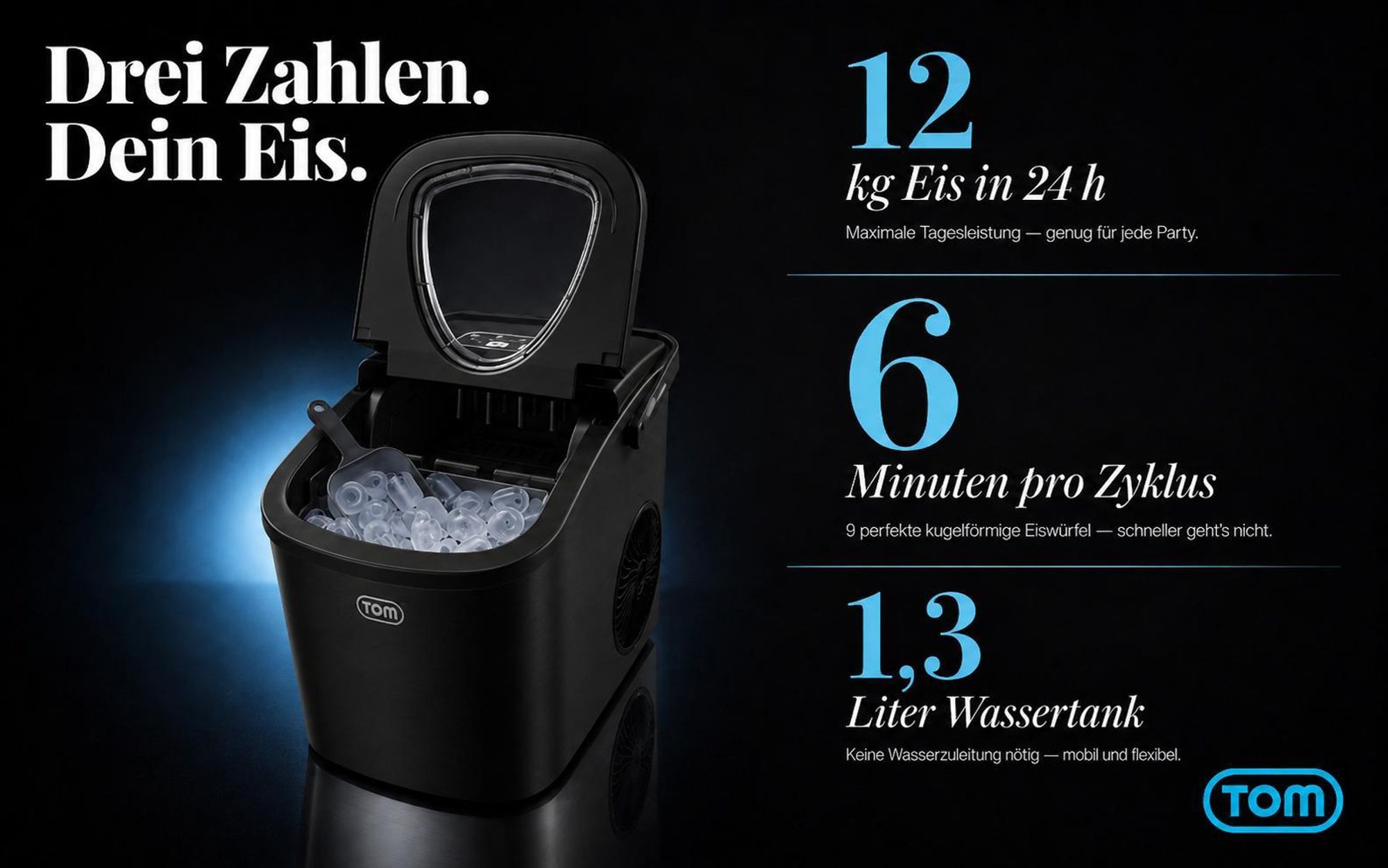 Eiswürfelmaschine Eiswürfelbereiter Schwarz 1,3 Liter mit Eiszange TOM | 12kg / 24h | 2 Größen | LED-Display | Herausnehmbarer Eiswürfelkorb