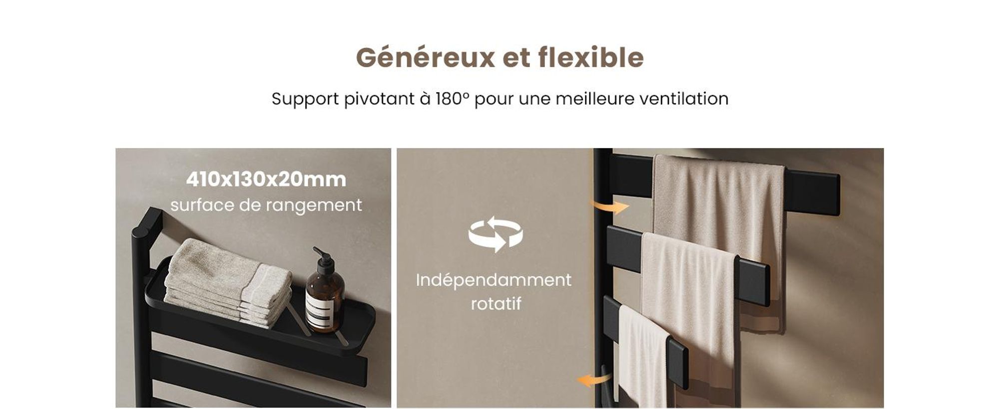 EMKE Sèche-serviettes électrique avec porte-serviettes pivotant et tablette, Thermostat WiFi,vocale, Minuterie, 76x45x14 cm noir