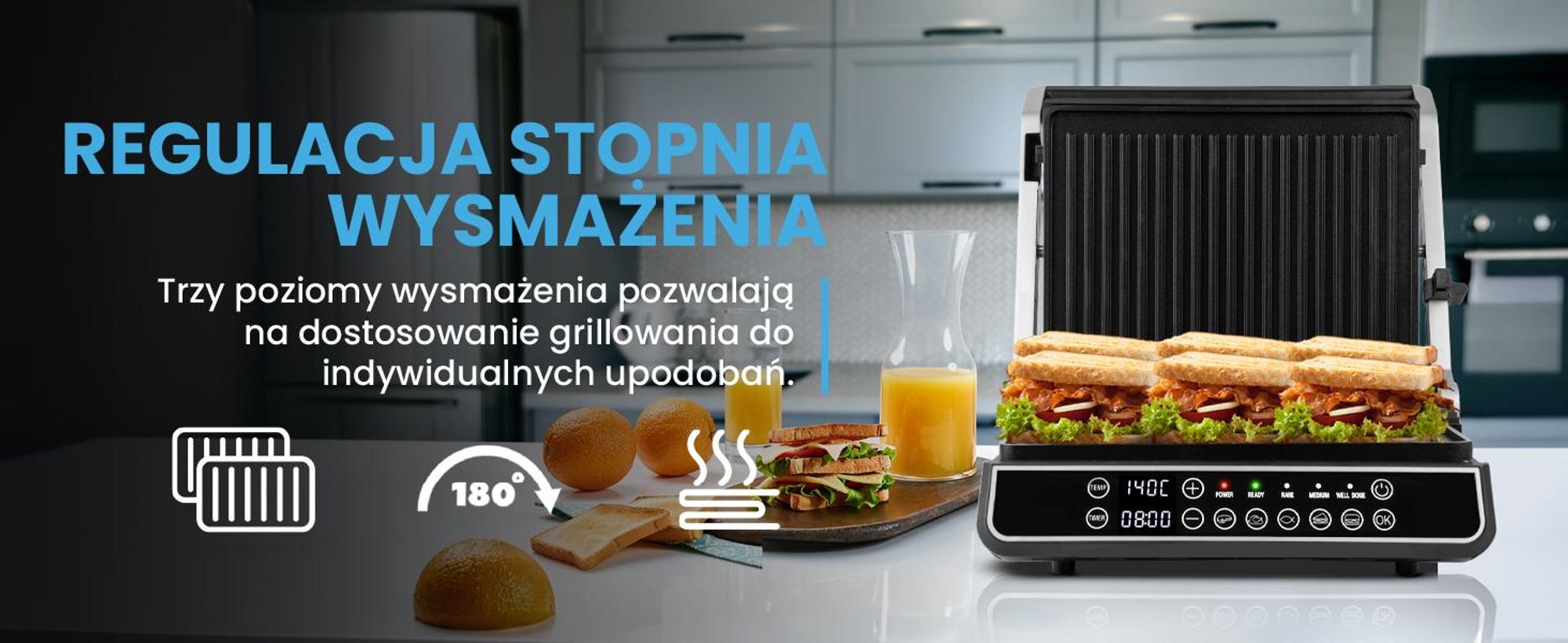 Grill kontaktowy z tacką ociekową z dużą powierzchnią opiekania