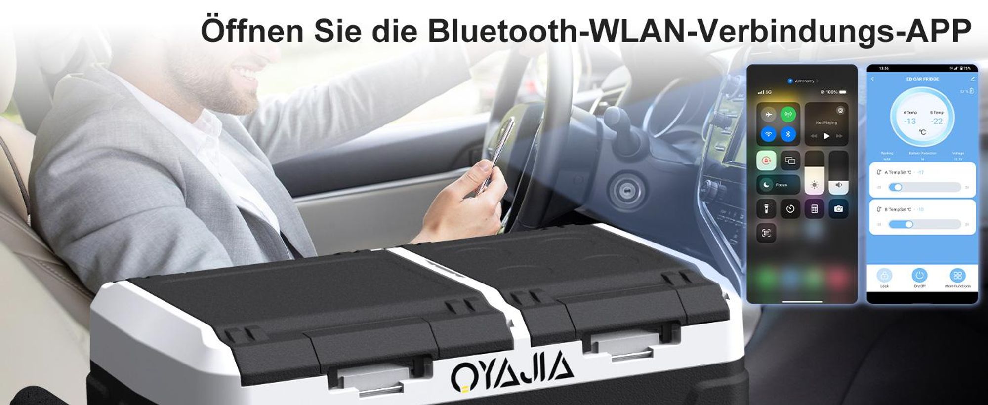 55L Kompressor Kühlbox mit Bluetooth-App, 2× UNABHÄNGIGE Temperaturregelung (-20°C bis 20°C), 12V/24V/230V, Rollen & USB-Anschluss, Leise (45 dB) für