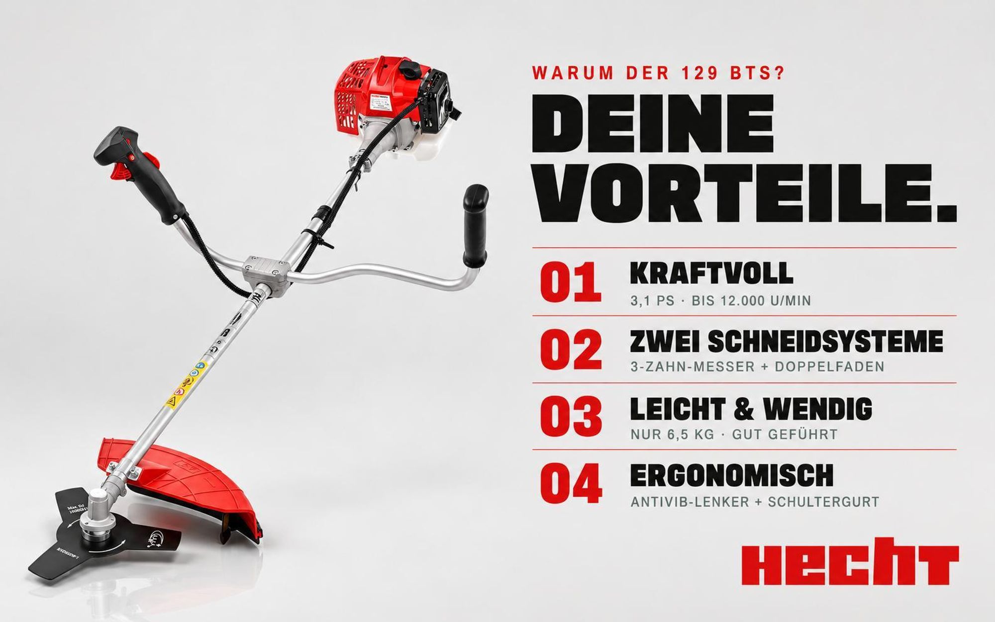 HECHT 129 BTS Freischneider Benzin | mit Tragegurt | 25,5 und 43 cm Schnittkreis | 1,1 PS | 25,4 cm³