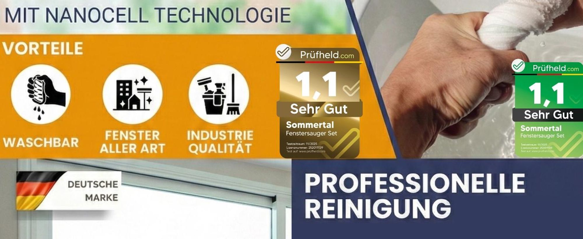 Fenstersauger Set mit Sprühflasche & Mikrofaserpad | Akku Fensterreiniger 1600Pa | 25 Min Laufzeit, 250ml Tank | Streifenfreie Reinigung für Fenster