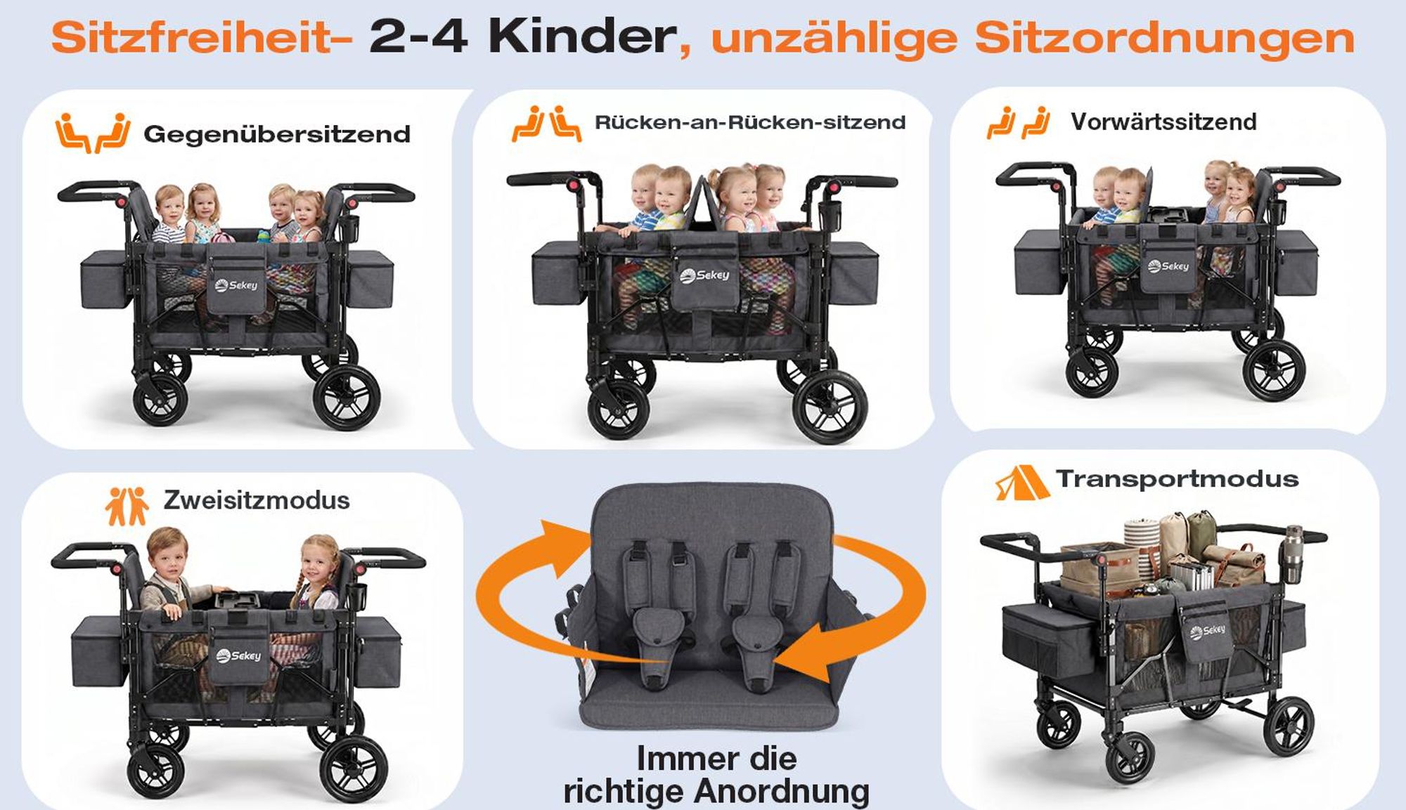 Sekey Faltbarer Bollerwagen mit Dach, Kinderwagen für 2-4 Kinder, 4 Sitzer Zwillingskinderwagen mit 4 integrierten 5-Punkt-Gurtsystem, Schwarz