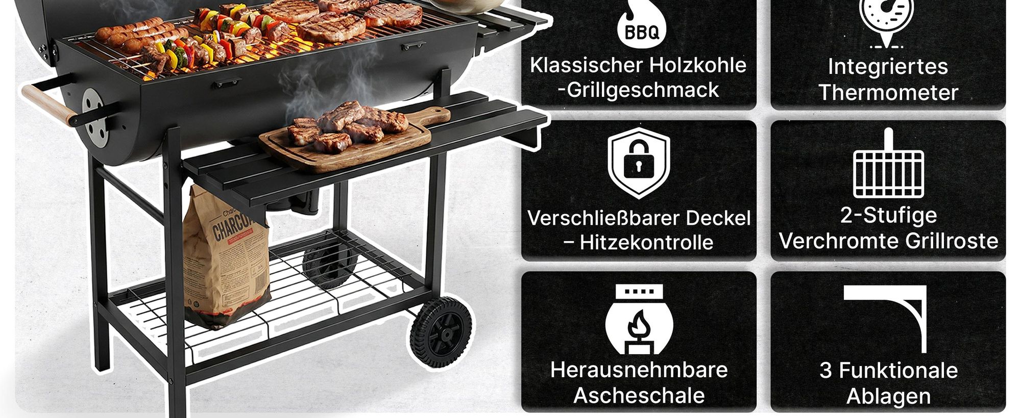 Grill & Chill Gartengrill, Holzkohlegrill - großer Chromrost 71×35 cm, Deckel, Aschekasten, Thermometer, Zwei Transporträder, GC0002
