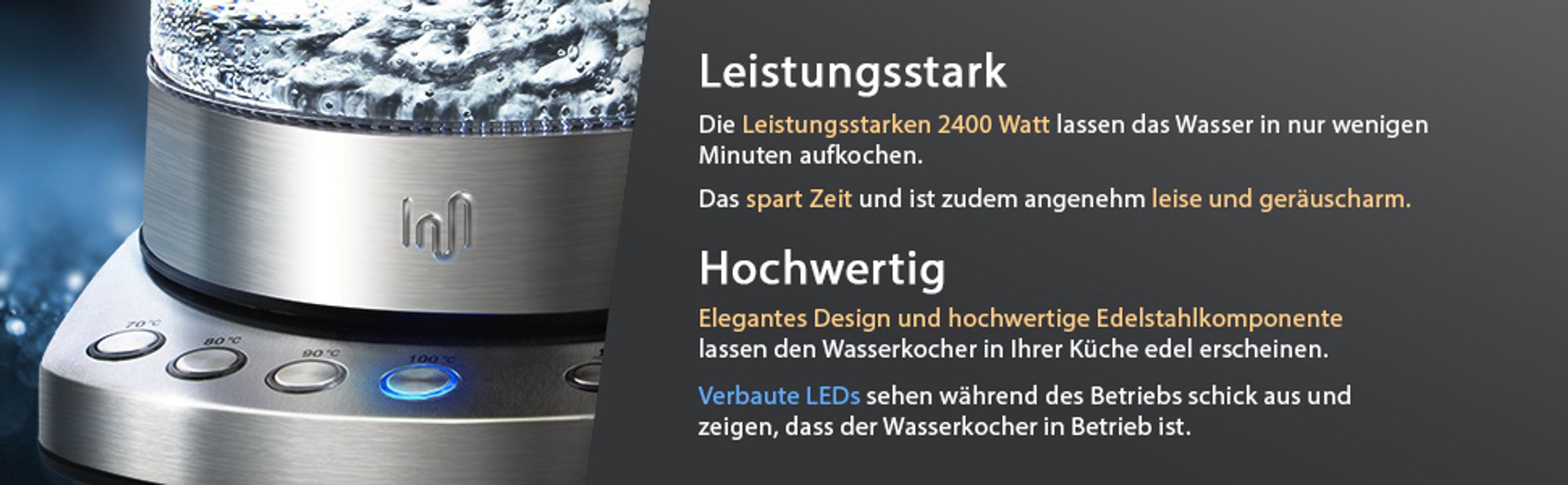 Impolio Glas Wasserkocher 1,7 Liter mit Temperatureinstellung | Teesieb & Aufsatz | Serie " Kand"